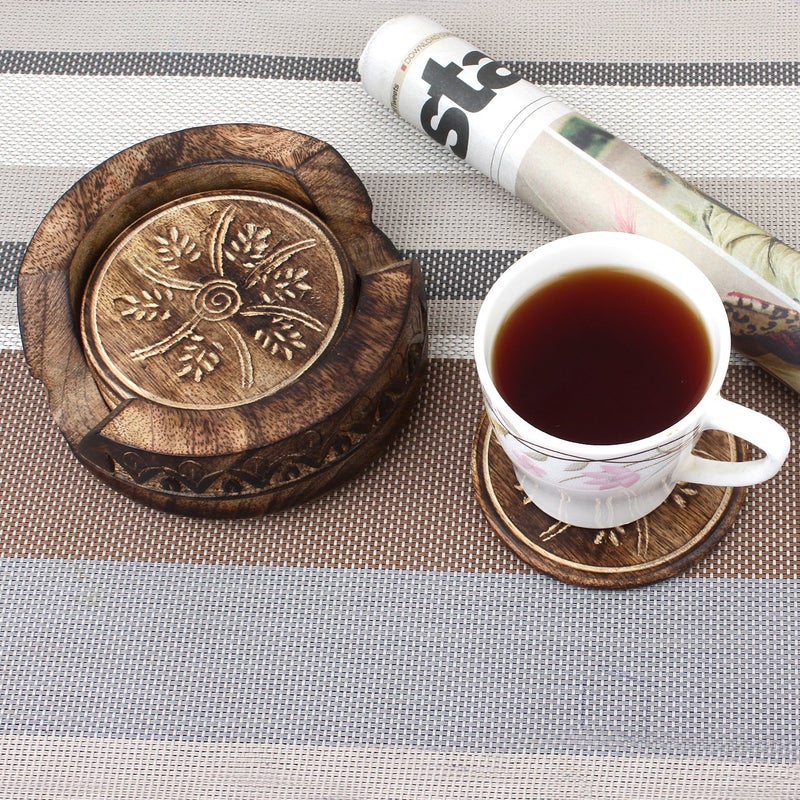 GoCraft Wooden Coasters Set of 6 | Handmade Drink Coasters with Lotus Shaped Holder in Rustic Wood Design Carving - Image 5